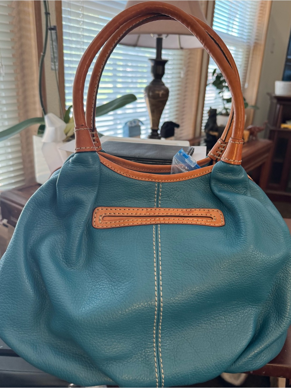 Brighton Teal Leather Top-Handle Women’s Bag with Tan Trim - Picture 2 of 13